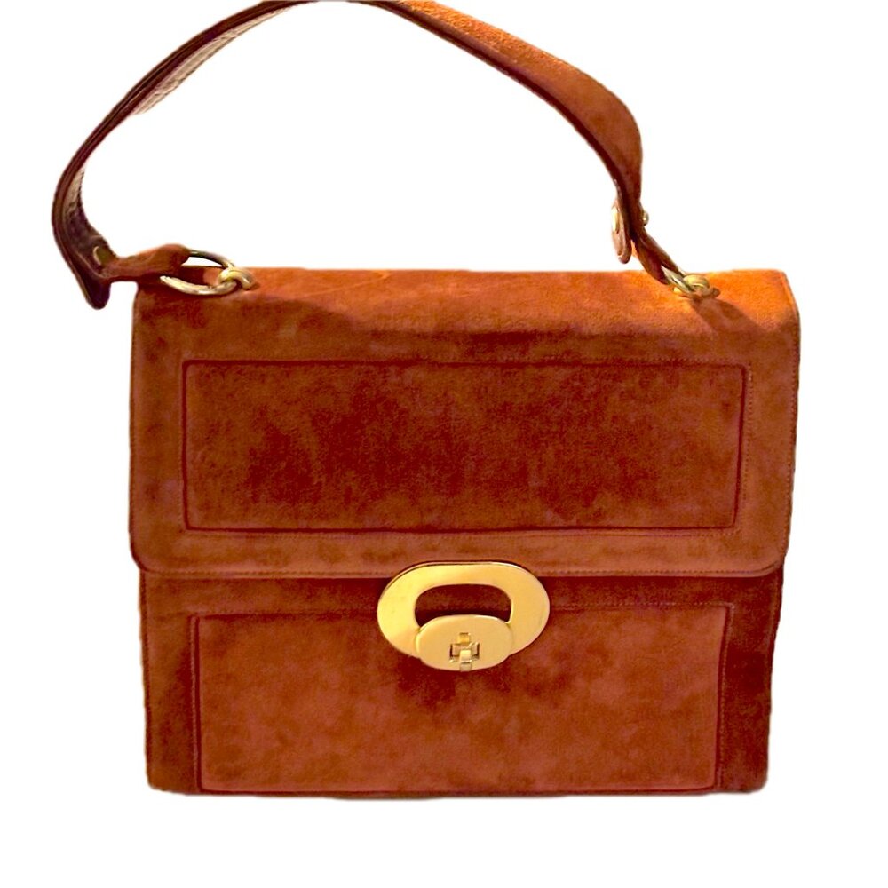 Italian Suede Leather Shoulder Bag Rust Copper Color Gold Clasp Late 70's EVC